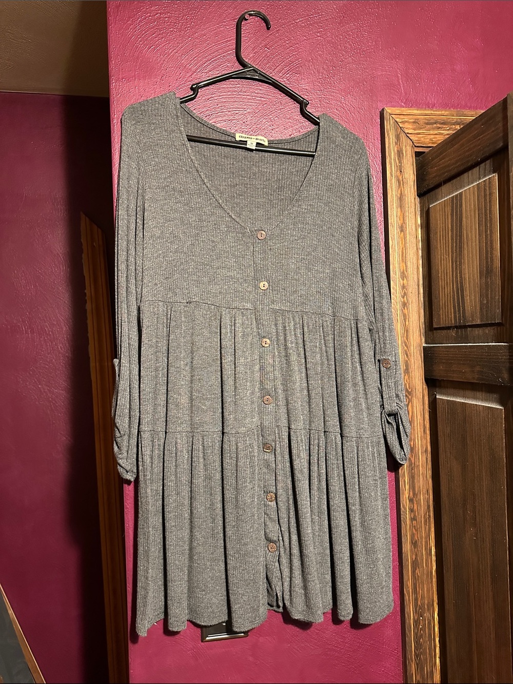 Long Sleeve Grey Button-Front Tiered Dress